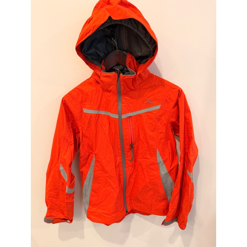 LL Bean Boys Medium 10-12 Rain Jacket Orange Reflective Hooded Shell Coat